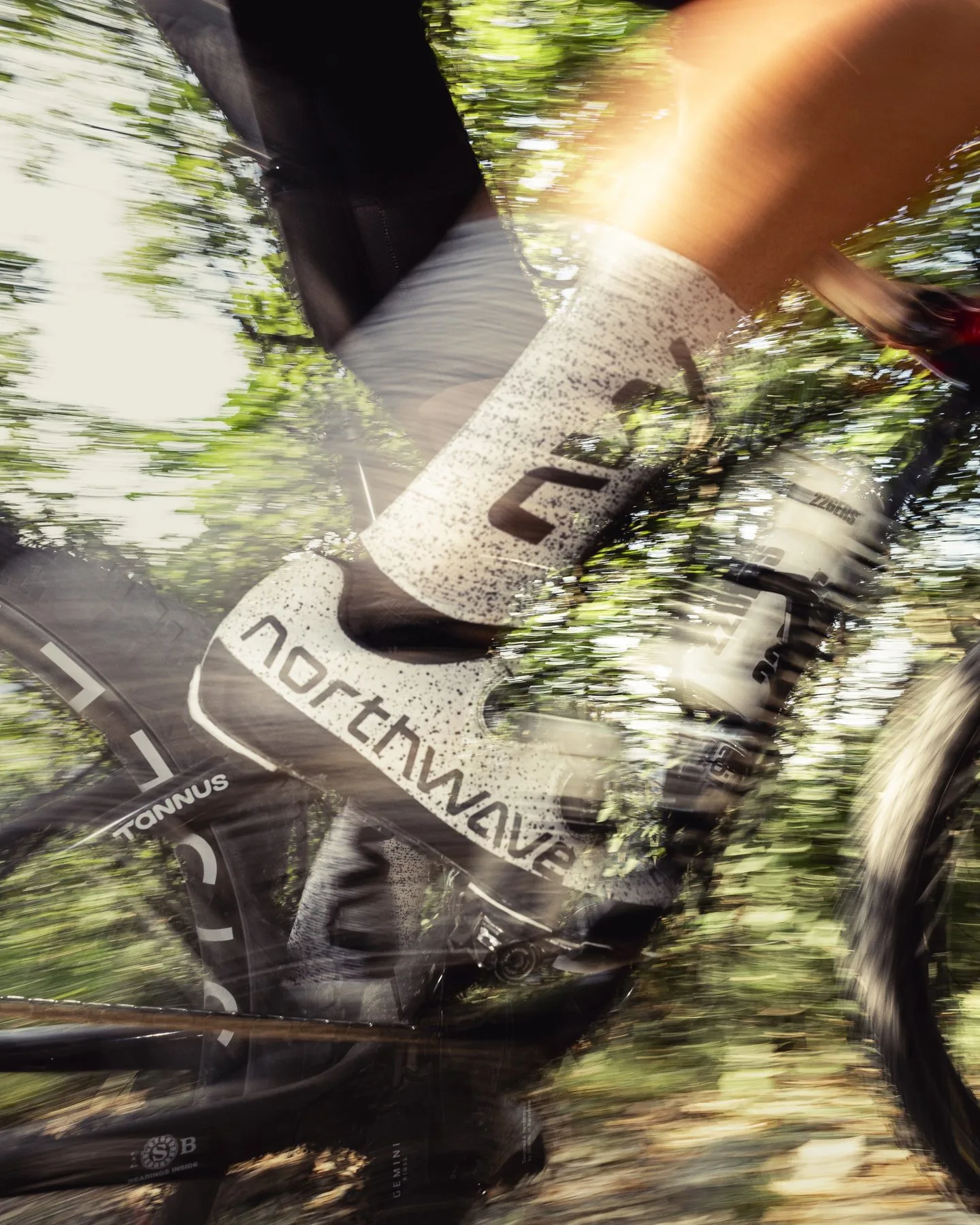 Close-up of a bike in motion on a trail